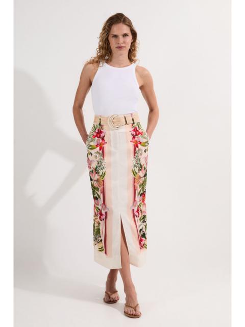 Mirrored Viscose Linen Floral Print With Raffia Belt Woven Midi Skirt