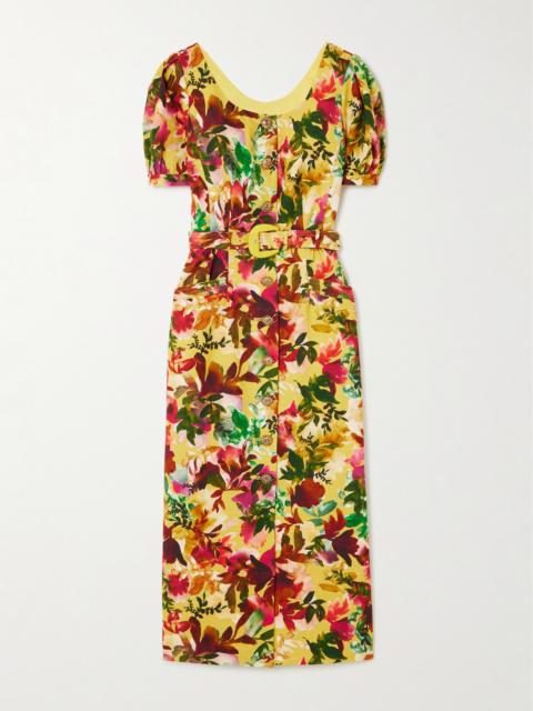 Blanca Belted Embellished Floral-print Cotton-dupioni Midi Dress