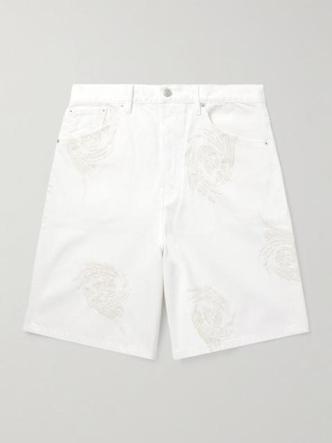 Straight-Leg Embroidered Denim Bermuda Shorts White