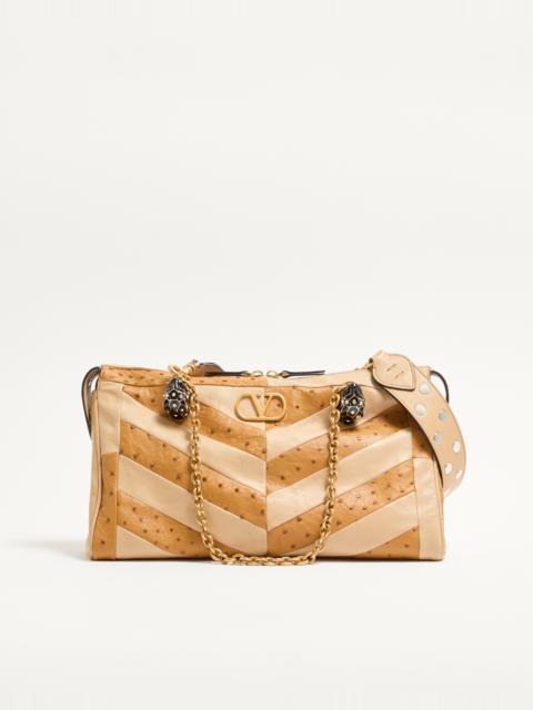 VALENTINO GARAVANI PANTHEA MEDIUM SHOULDER BAG IN OSTRICH AND NAPPA LEATHER WITH A CHEVRON PATTERN
