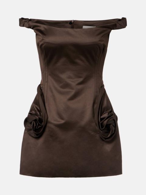 Floral-appliqué satin bustier dress