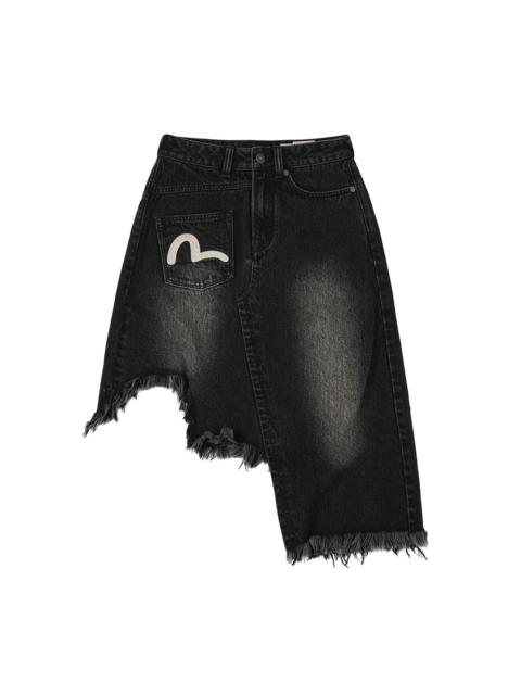 Seagull and Slogan Embroidery Regular Fit Distressed Washed Denim Skirt