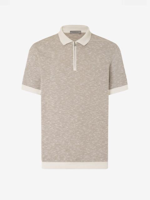 Brown and white zipped cotton polo shirt