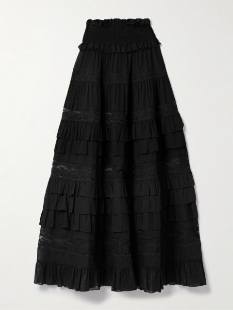 Tina Tiered Ruffled Lace-trimmed Cotton-voile Maxi Skirt