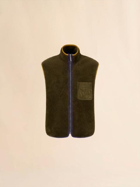 DEEP GREEN SHEARLING VEST WITH LEATHER PIPING