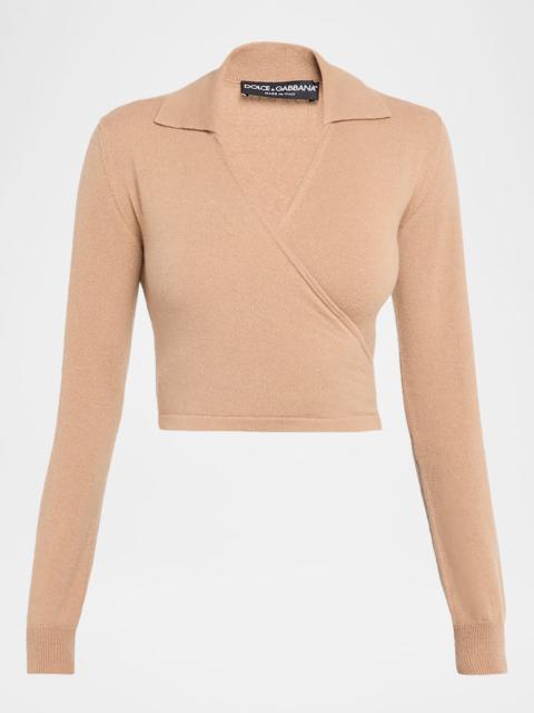 Long-Sleeve Crop Wrap Polo Sweater