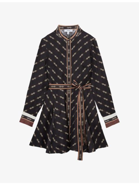 Nina Chain-Print Belted-Waist Woven Mini Dress