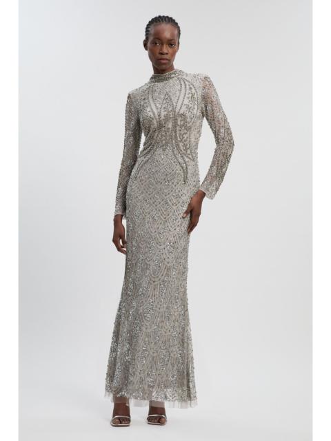 Crystal Embellished Long Sleeve Woven Maxi Dress