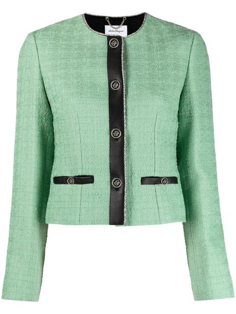 leather-trim tweed jacket