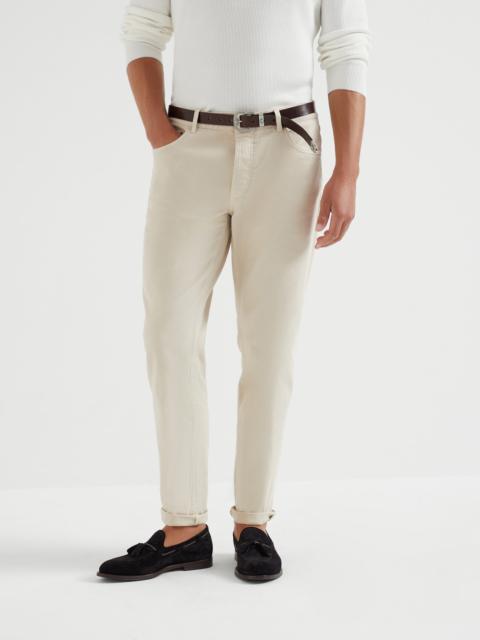 Garment-dyed comfort lightweight denim traditional fit five-pocket trousers