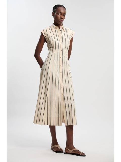Mono Stripe Cotton Top Stitch Woven Midi Shirt Dress