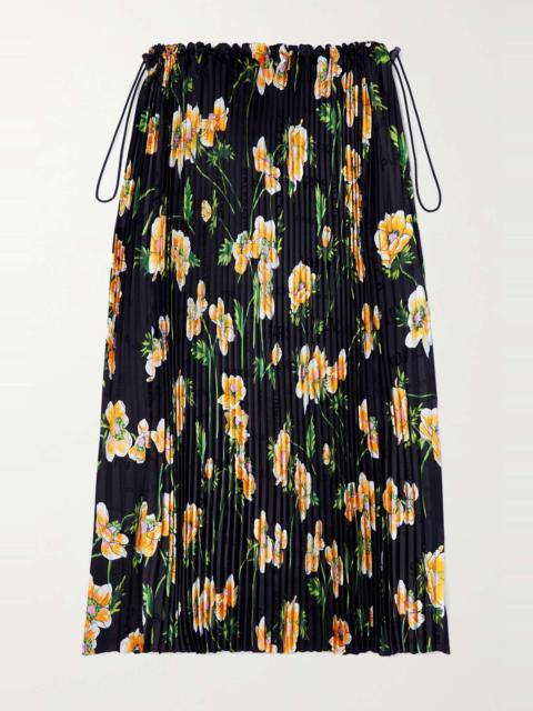 Floral-print plissé-satin midi skirt