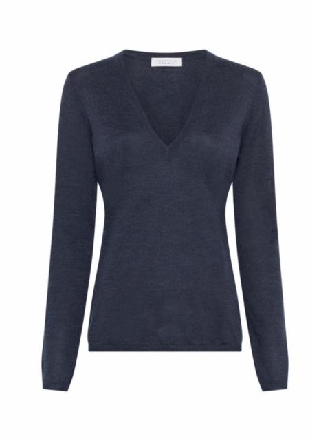 Clementia Knit V-Neck Sweater in Denim Cashmere Silk