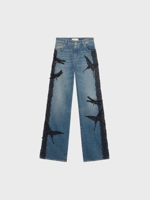 FLARE JEANS WITH BUTTERFLY EMBROIDERY AND LACE BANDS