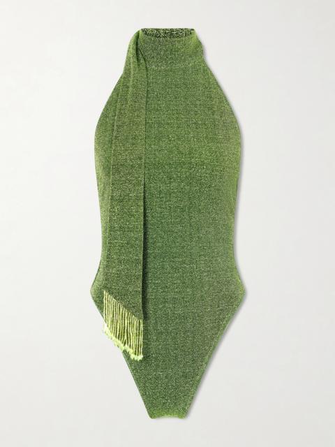 Lumière Scarf-detailed Embellished Metallic Swimsuit