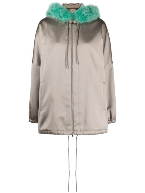 shearling-trim satin hooded jacket