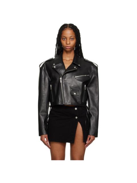 Black Cropped Leather Biker Jacket