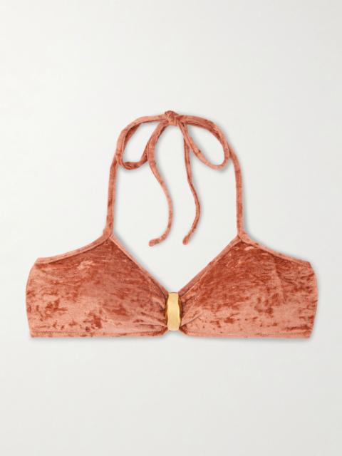 Embellished velvet halterneck bikini top Orange
