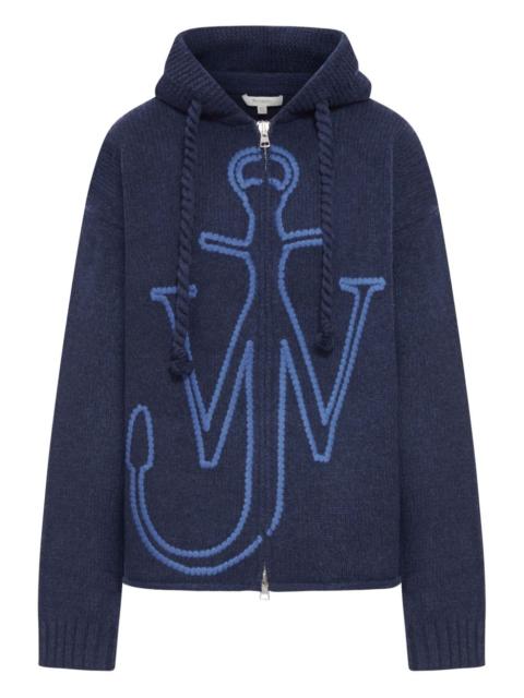 anchor-embroidery wool zip-up hoodie