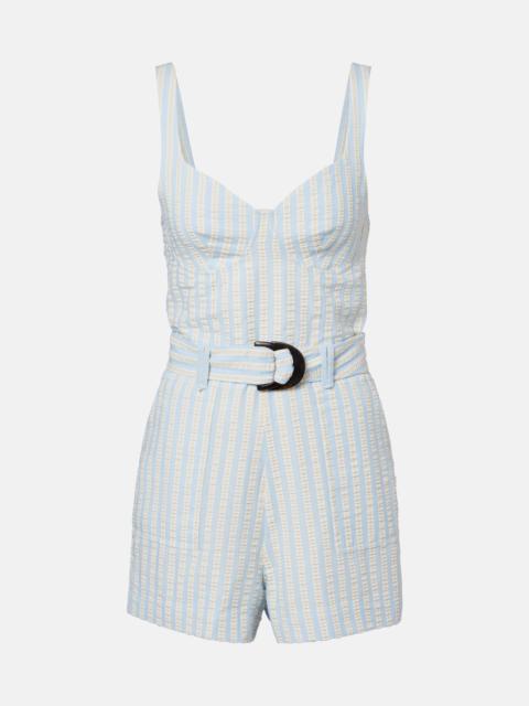 Striped cotton-blend seersucker romper