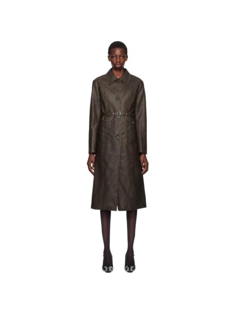 Brown Stitched Faux-Leather Coat