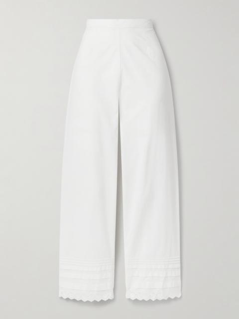 Francisca Broderie Anglaise-trimmed Pintucked Organic Cotton-poplin Straight-leg Pants