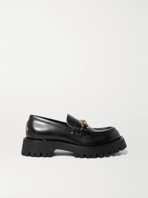 Horsebit-detailed metallic embroidered leather platform loafers