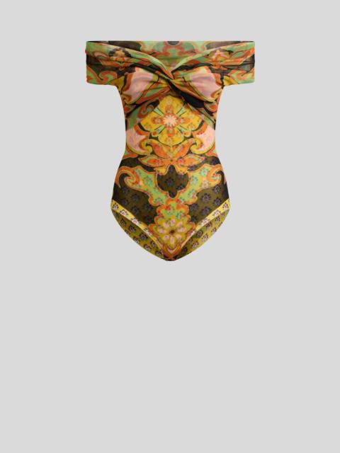 TULLE BODYSUIT WITH OPEN SHOULDERS AND PLACED FLORAL PRINT