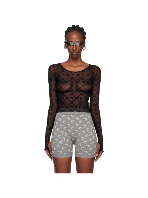 Black Moonogram Mesh Flock LS Cropped Top