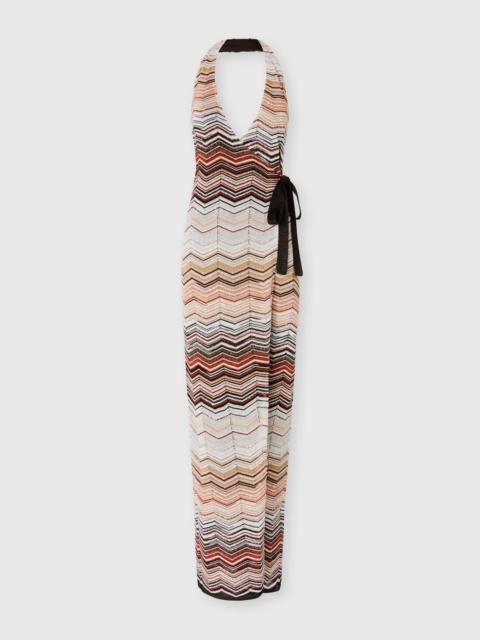 Sleeveless Viscose Chevron Lamé Gown with Sequins