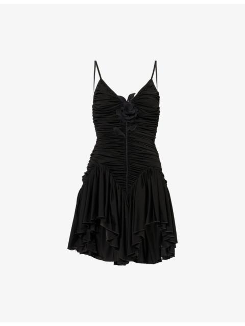 Ruched Floral-Embellished Woven Mini Dress