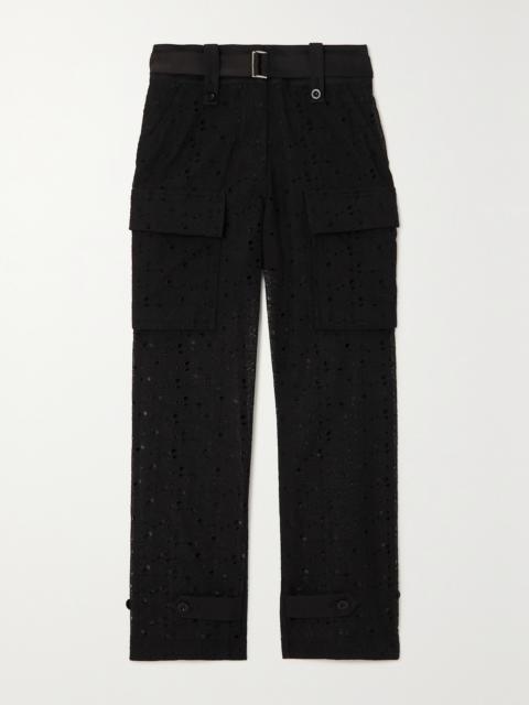 Sacai Belted Cotton-blend Broderie Anglaise Straight-leg Pants