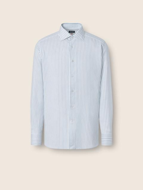 TEAL BLUE AND WHITE STRIPED COTTON LINEN AND SILK SHIRT