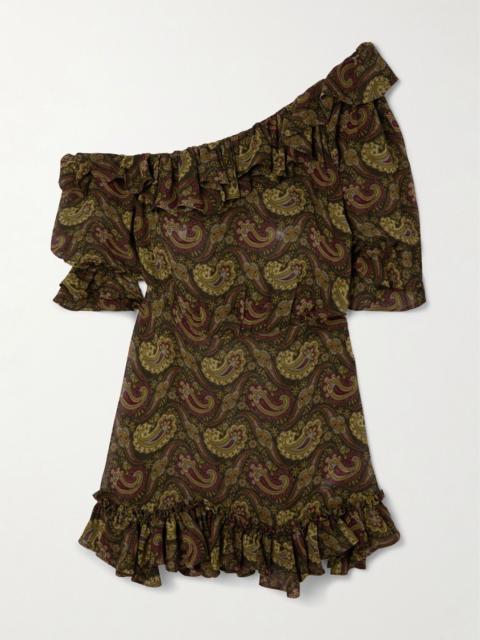 One-shoulder ruffled paisley-print georgette mini dress Brown