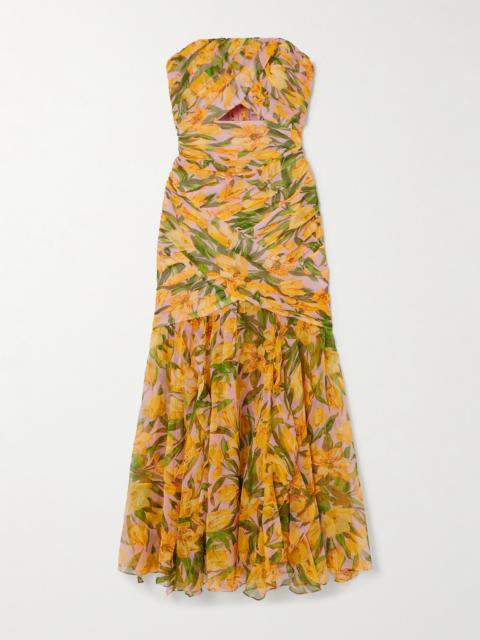 Strapless Draped Cutout Floral-print Silk-chiffon Gown