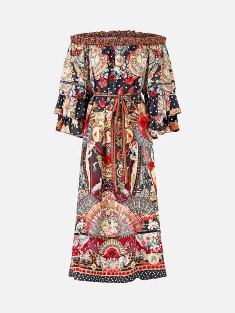 OFF SHOULDER MIDI DRESS WITH FRILL SLEEVE