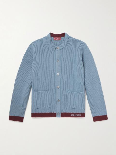 Two-Tone Logo-Jacquard Ribbed Wool Cardigan Blue
