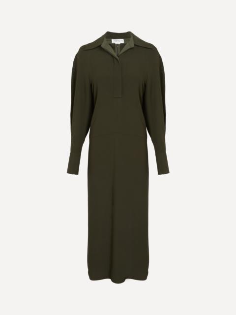 Dark Olive Long Sleeve Polo Collar Midi Dress
