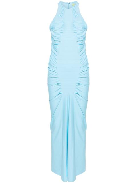 halterneck ruched maxi dress