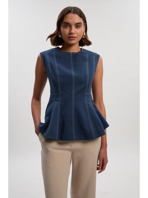 Tencel Cotton Contrast Zip Up Woven Peplum Top
