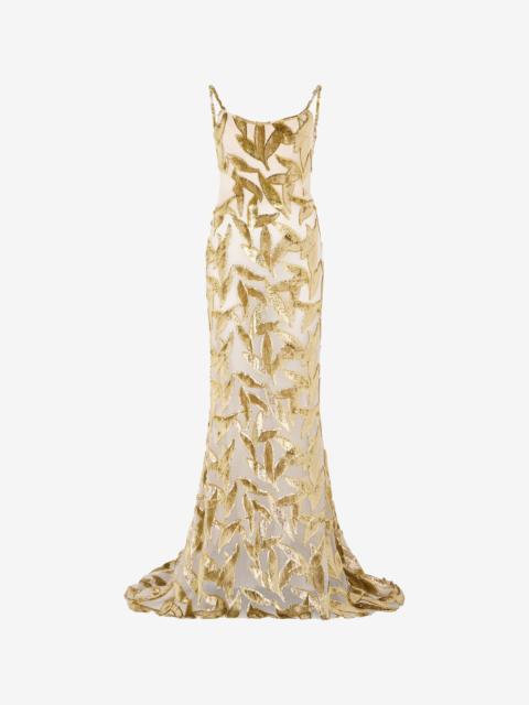 Extra-long Sheer Ivory Dress with Foliage Motif