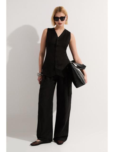 Viscose Linen Pleat And Pocket Detail Woven Straight Leg Trouser