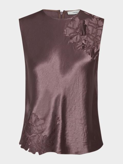 Floral-Embroidered Satin Shell