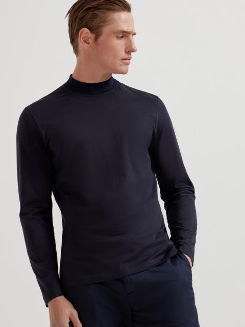Cotton jersey mock neck long sleeve T-shirt