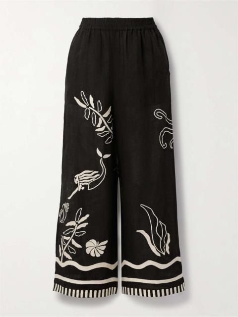 Mermaid Octopus embroidered linen wide-leg pants Black