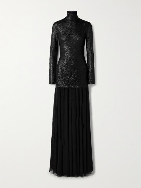 Sequin-embellished Stretch-tulle Turtleneck Gown