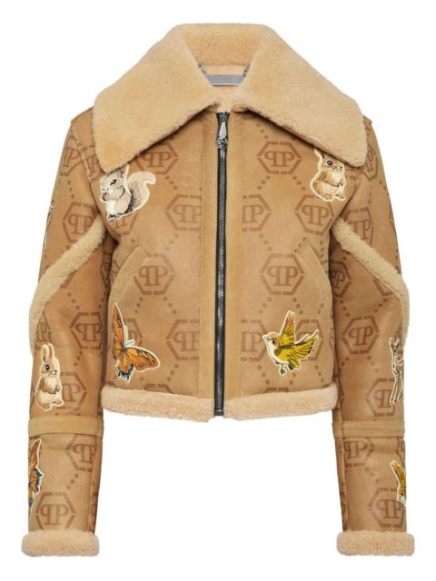 monogram embroidered shearling jacket