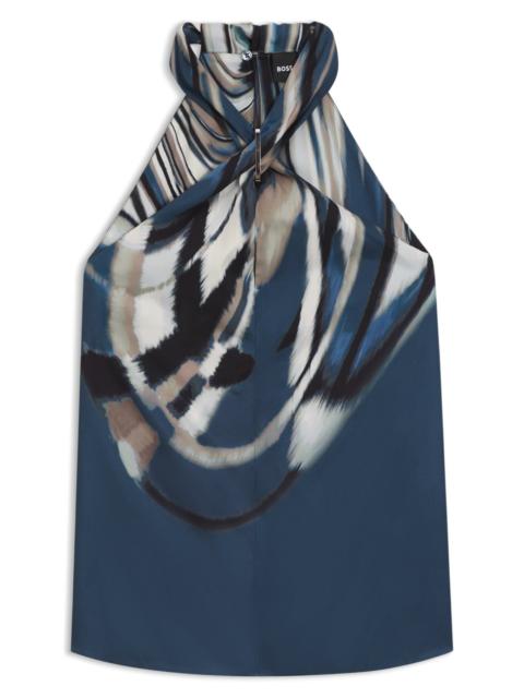 PRINTED-TWILL TOP WITH TIE NECKLINE