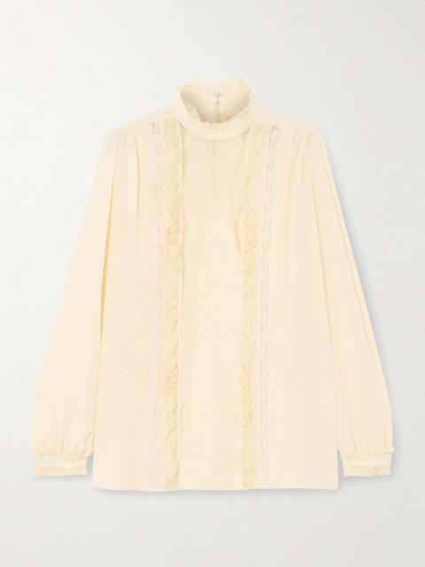 Ruffled pintucked lace-trimmed silk crepe de chine blouse Yellow
