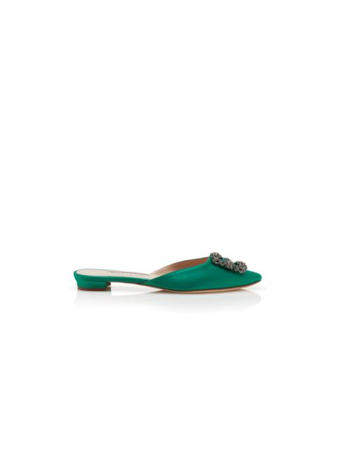 Green Satin Jewel Buckle Flat Mules